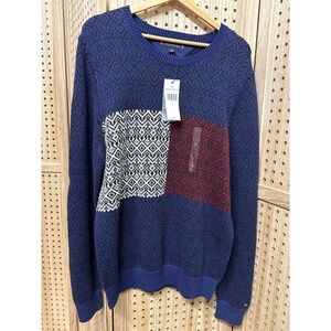 Tommy Hilfiger Men Sweater Crew Neck Geometric Pattern Blue Red White L NWT